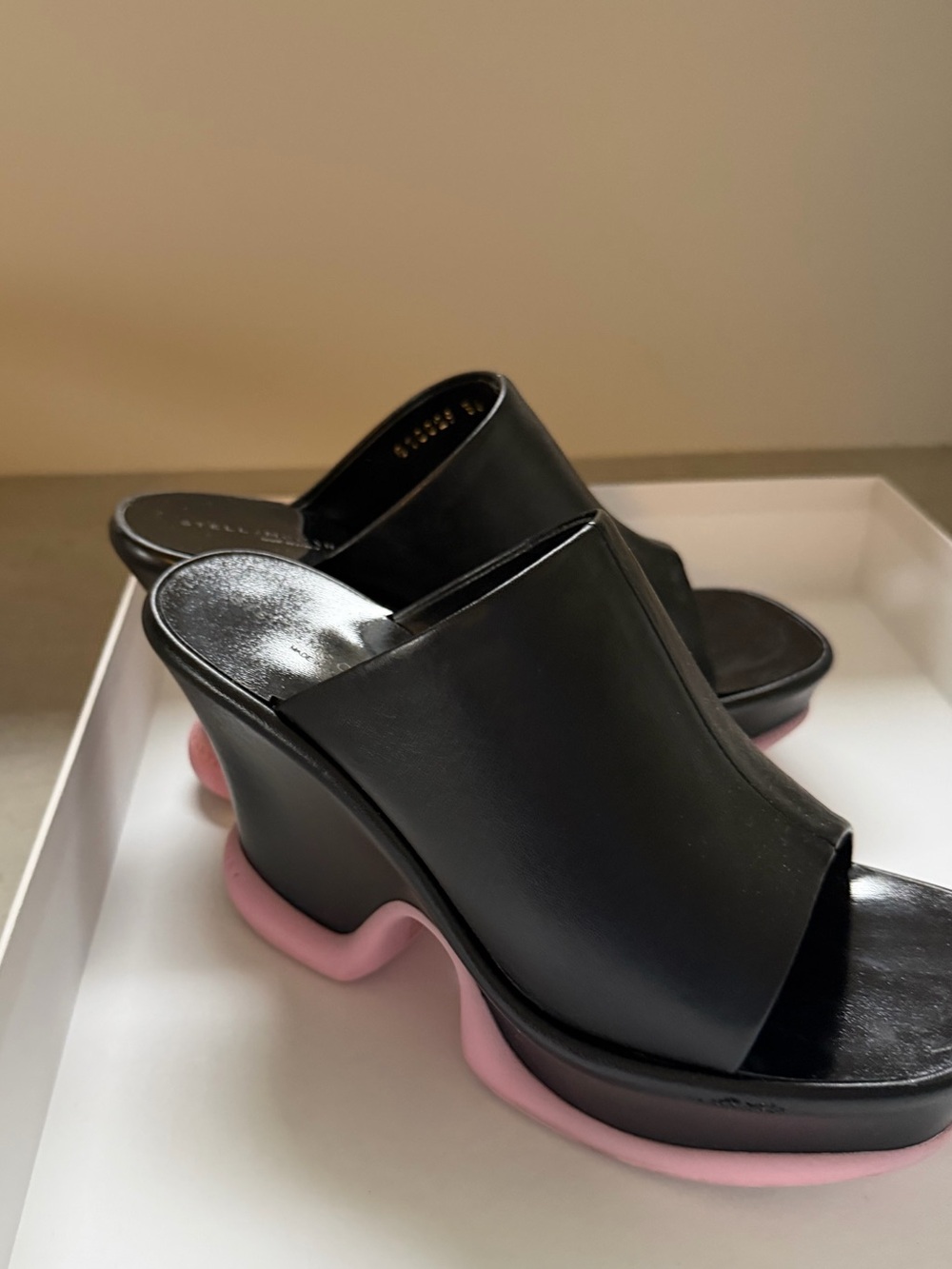 Stella McCartney Black Leather Mule Wedges with Pink Sole